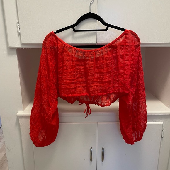 L'academie REVOLVE off shoulder sheer red crop top with drawstring bottom. - Picture 2 of 4